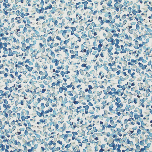 Dense small cobalt and aqua leaf-like marks scattered across a white ground