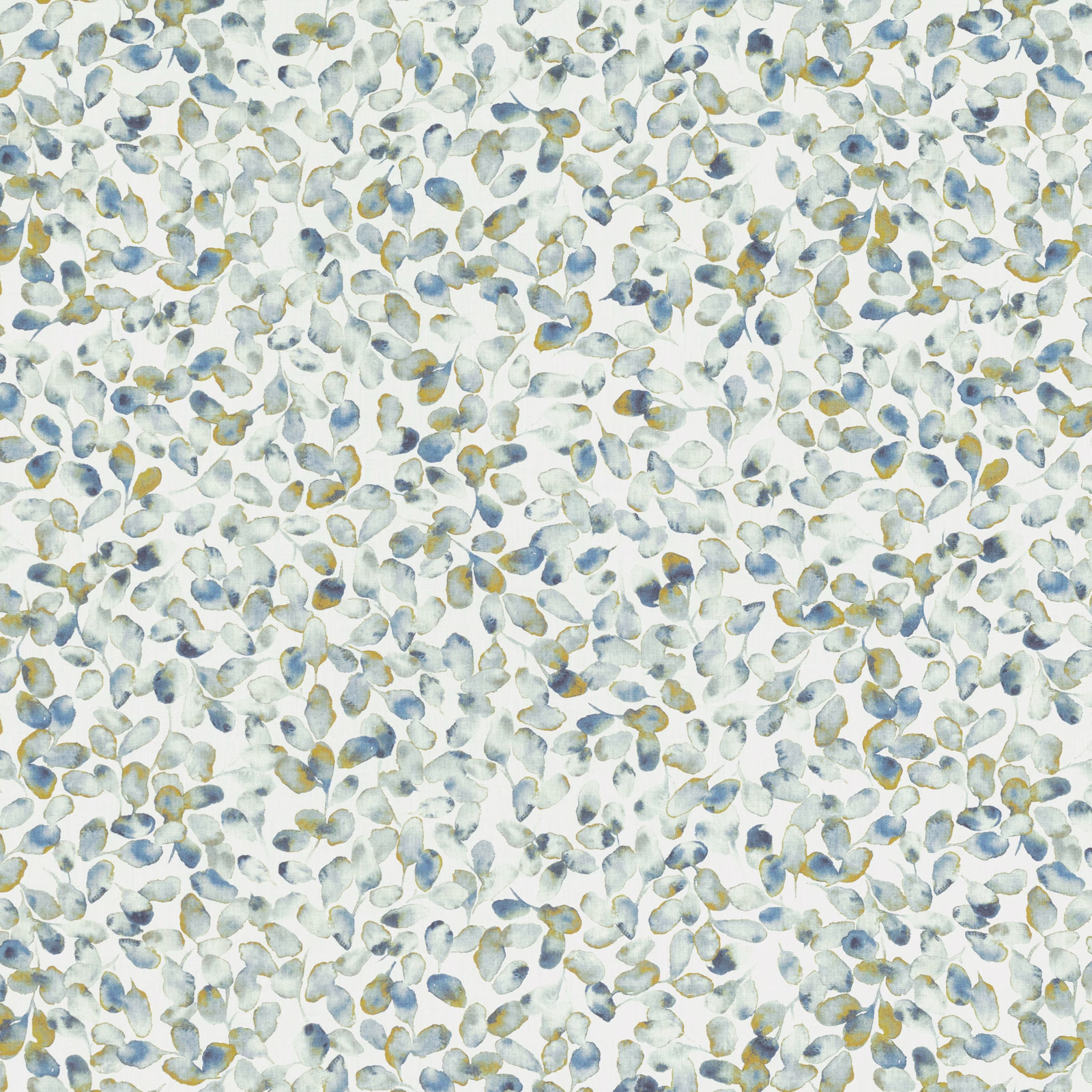 Pale ivory fabric with scattered blue-grey, sage and ochre petal-like marks