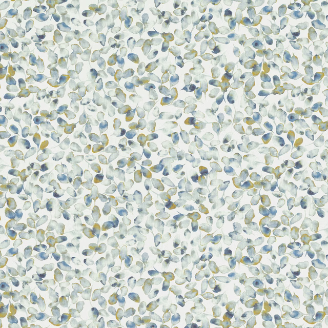 Pale ivory fabric with scattered blue-grey, sage and ochre petal-like marks