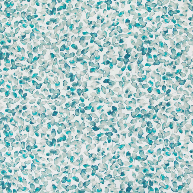 Dense teal and aqua leaf-like petals scattered across a pale fabric ground
