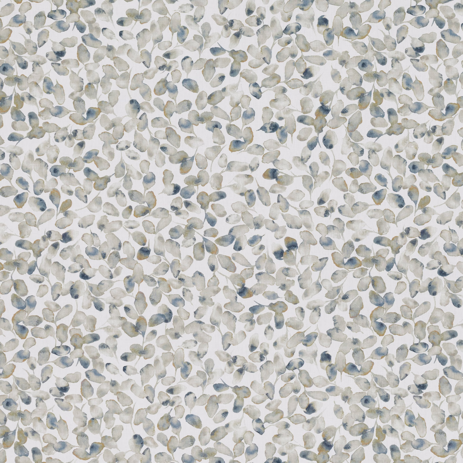 Pale cream fabric with small grey-blue and sage painted leaf motifs