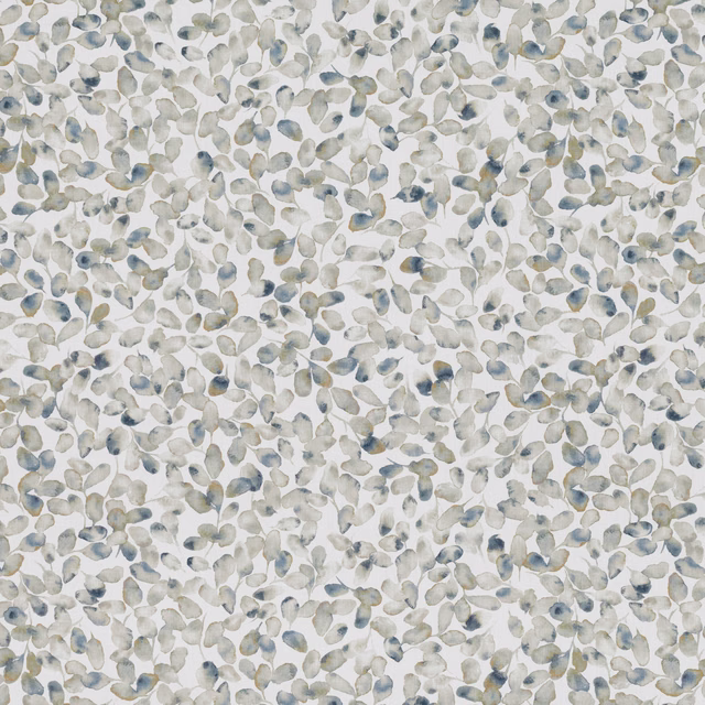 Pale cream fabric with small grey-blue and sage painted leaf motifs