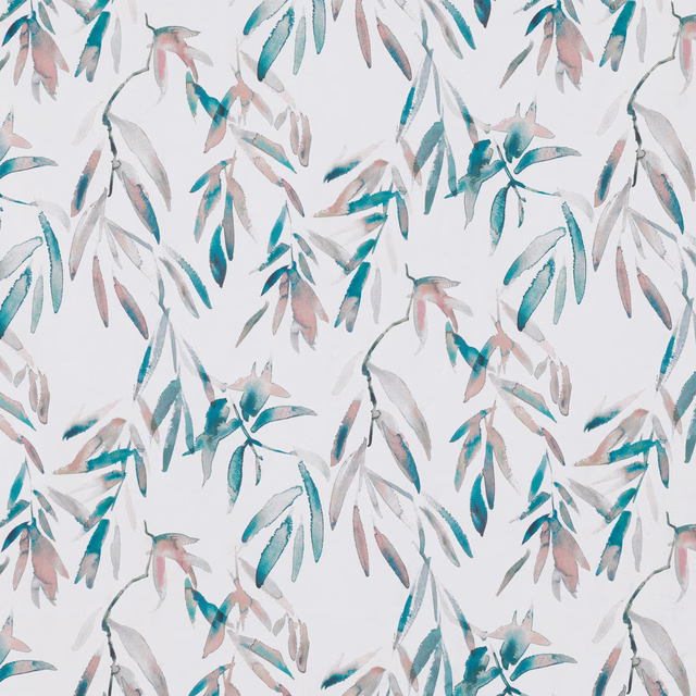 Pale botanical textile with loose teal, blush and grey painted leaves