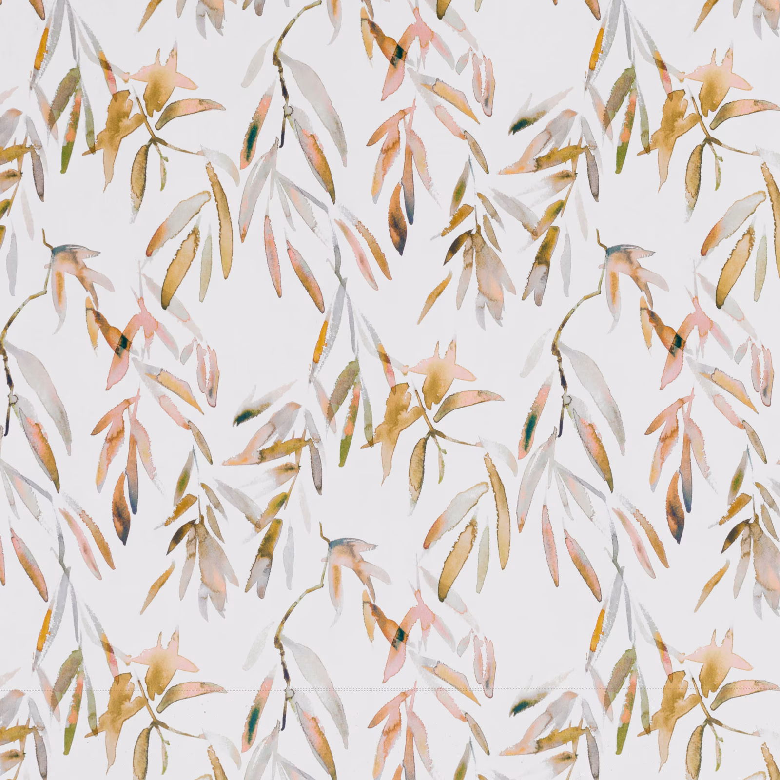 Pale blush botanical fabric with painted ochre, olive, grey and pink leafy sprigs