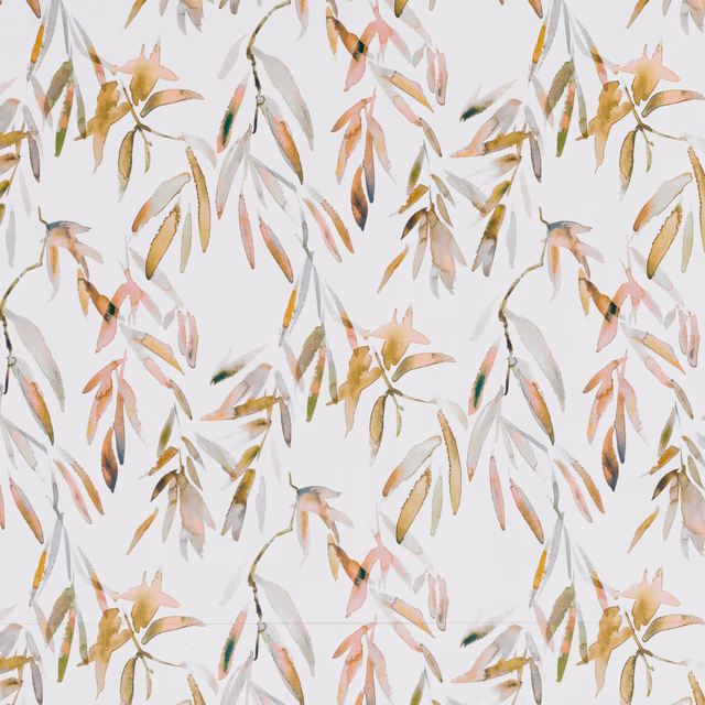 Pale blush botanical fabric with painted ochre, olive, grey and pink leafy sprigs