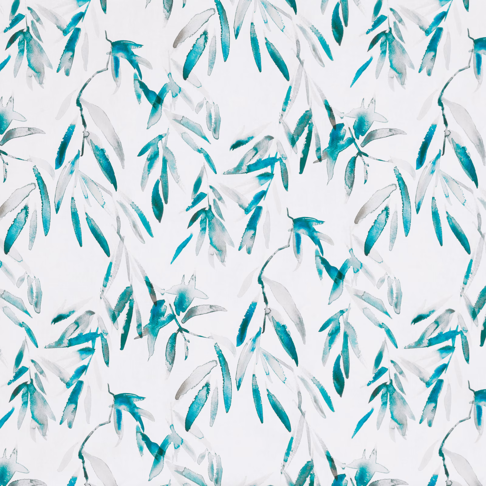 Pale fabric with cobalt, turquoise and grey watercolour foliage on a white ground