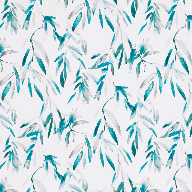 Pale fabric with cobalt, turquoise and grey watercolour foliage on a white ground