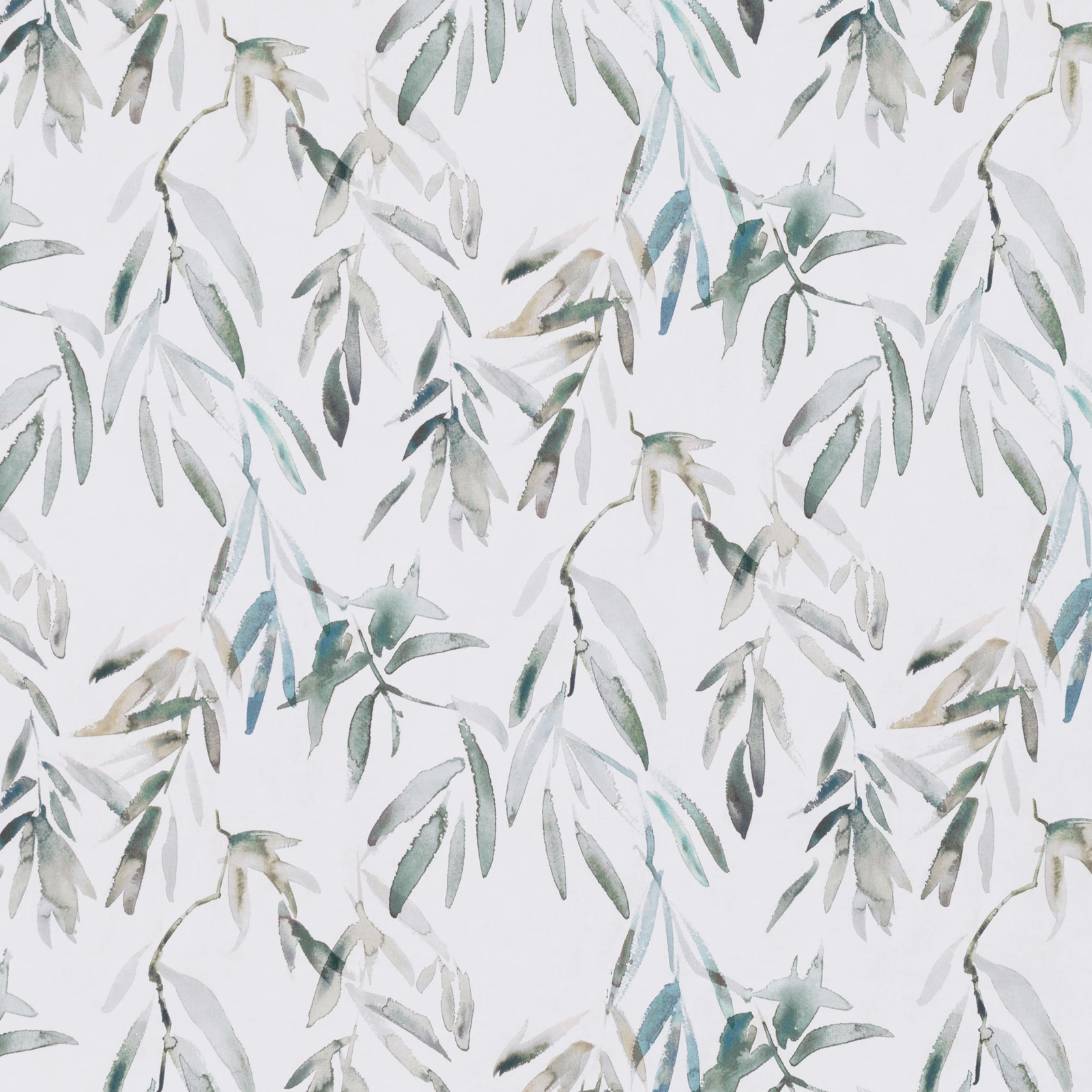 Soft white fabric with watercolour eucalyptus leaves in sage, teal and grey