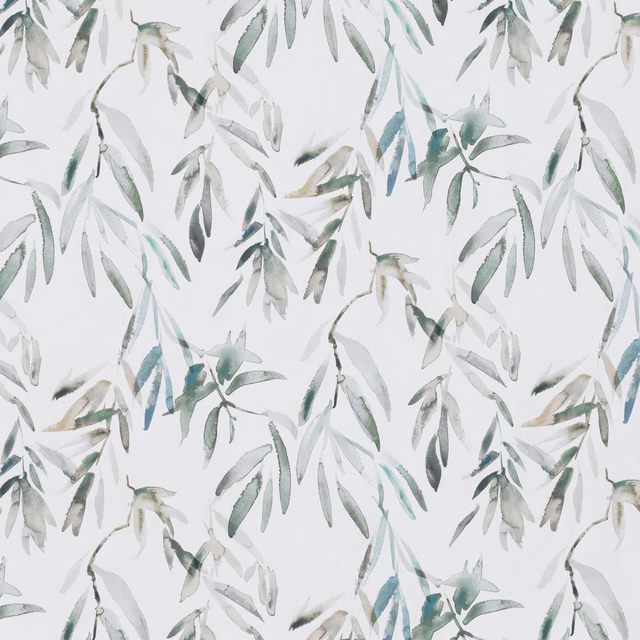 Soft white fabric with watercolour eucalyptus leaves in sage, teal and grey