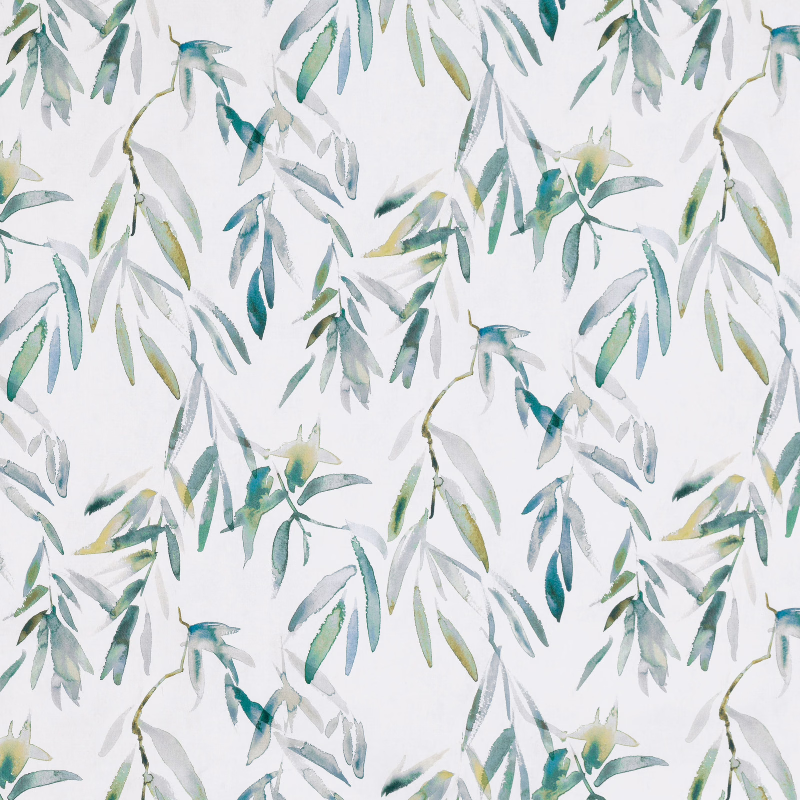 Pale white fabric with kingfisher teal, blue-green and olive leafy brushstrokes