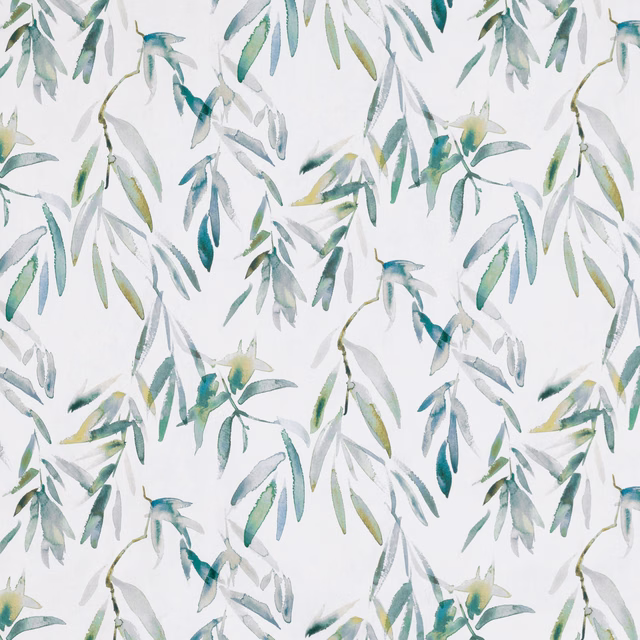 Pale white fabric with kingfisher teal, blue-green and olive leafy brushstrokes