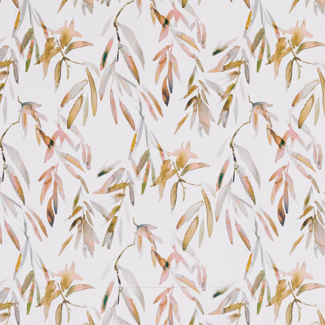 Blush velvet with painterly pink, sage and ochre leaves on an ivory ground