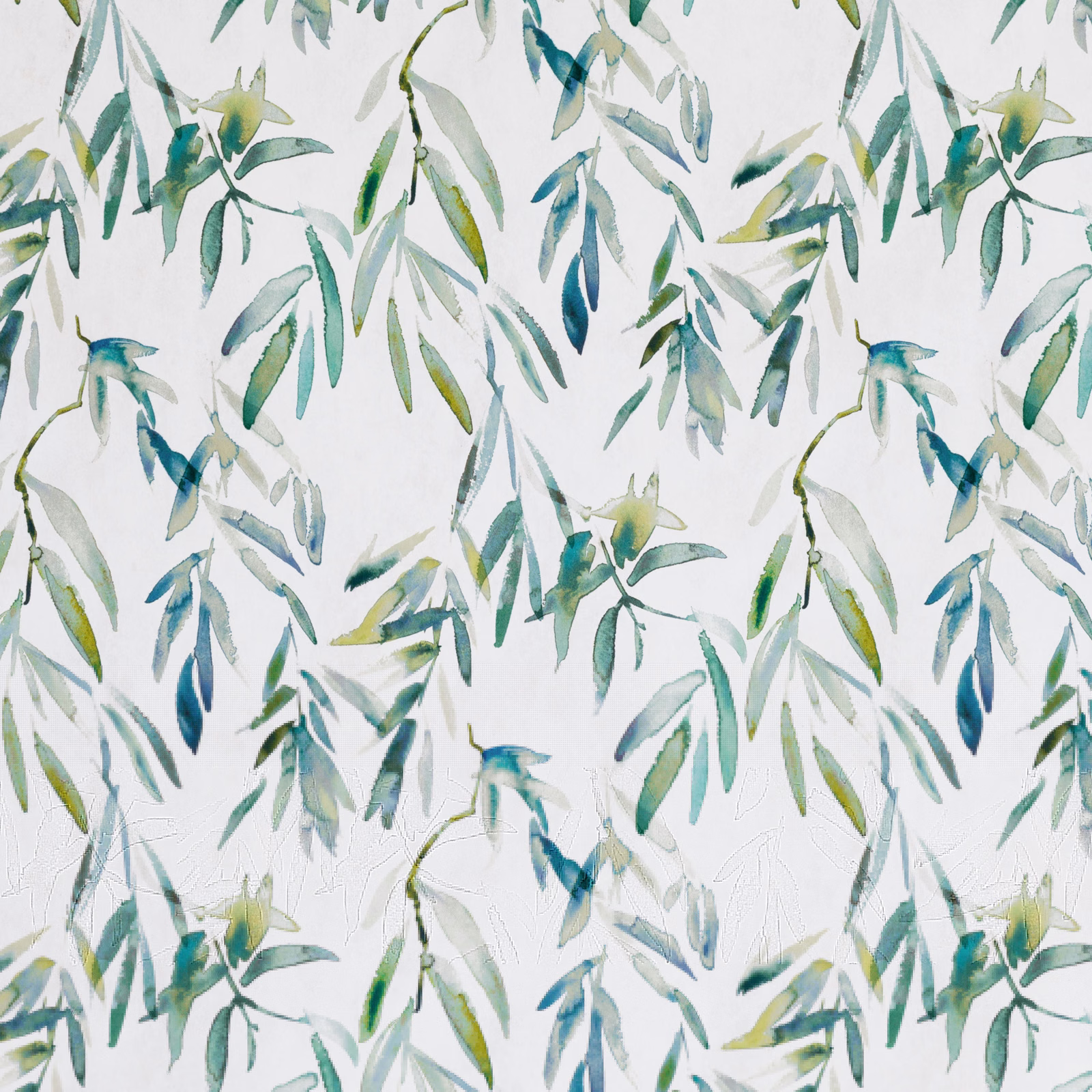 Ivory velvet with painterly kingfisher blue, teal and green botanical leaves