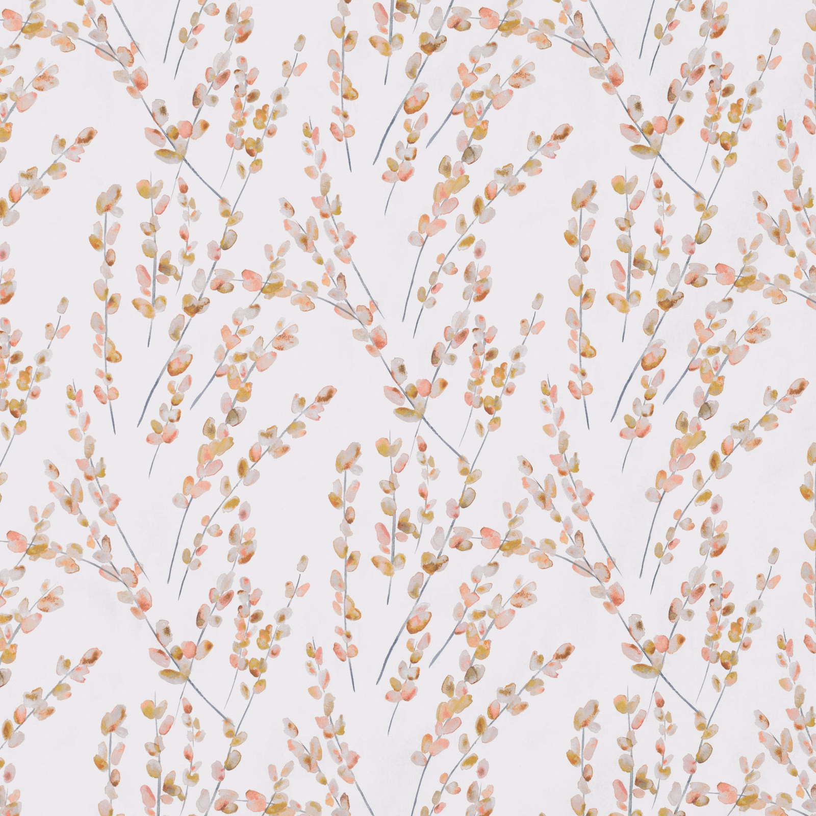 Blush and peach botanical sprigs on a pale ground with fine grey stems