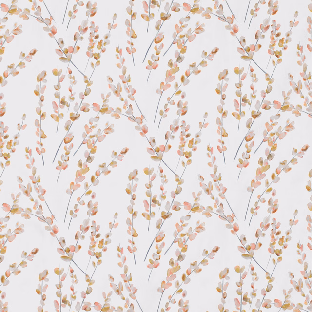 Blush and peach botanical sprigs on a pale ground with fine grey stems