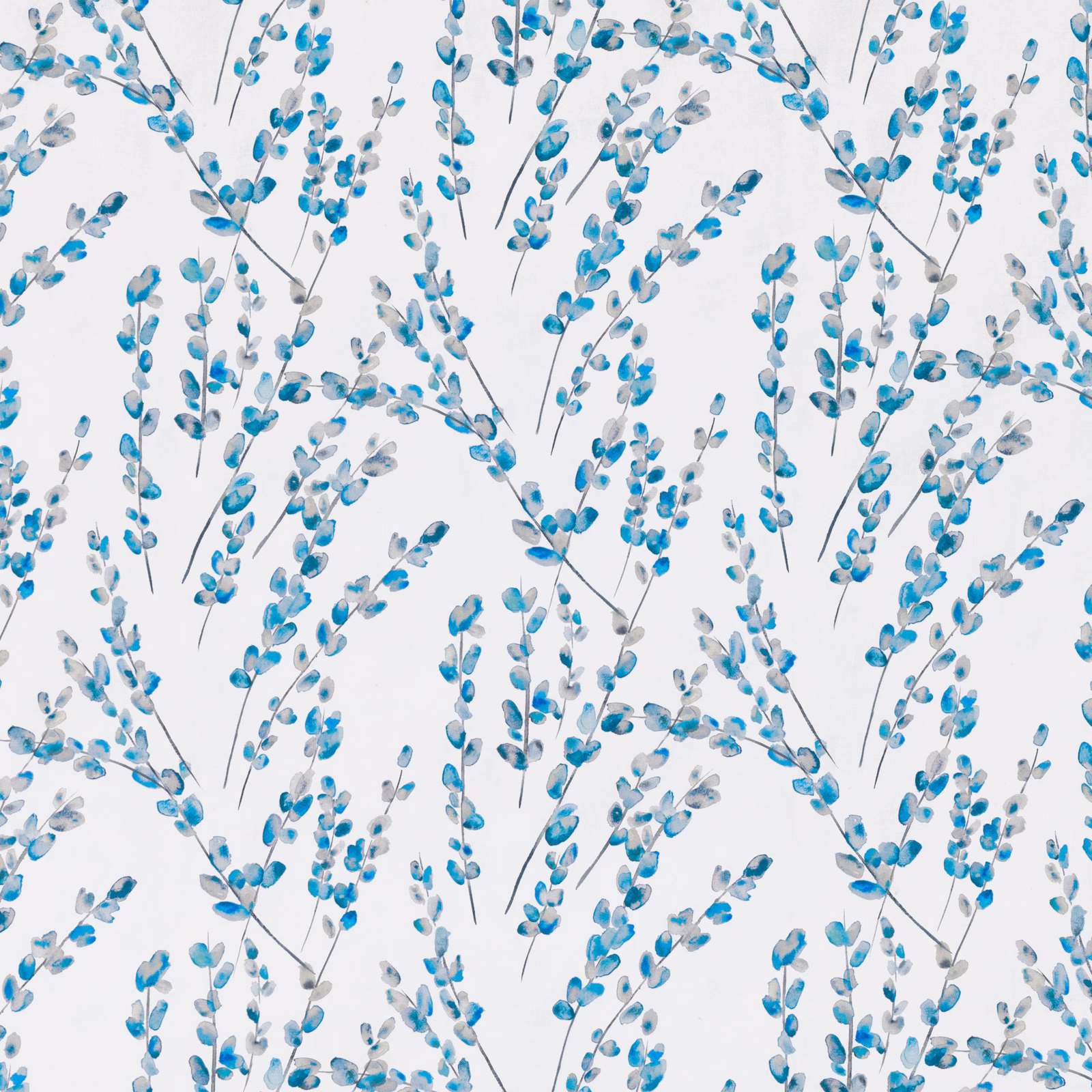 Cobalt and blue-grey leafy sprigs scattered across a pale white ground