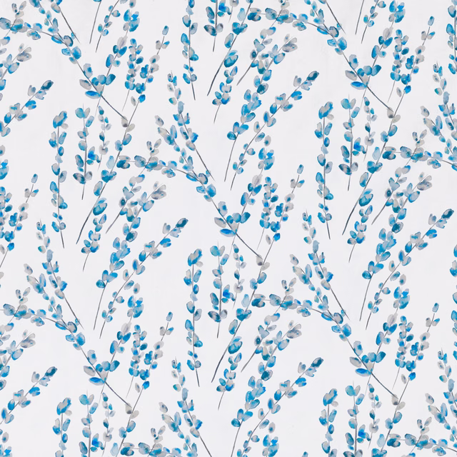 Cobalt and blue-grey leafy sprigs scattered across a pale white ground