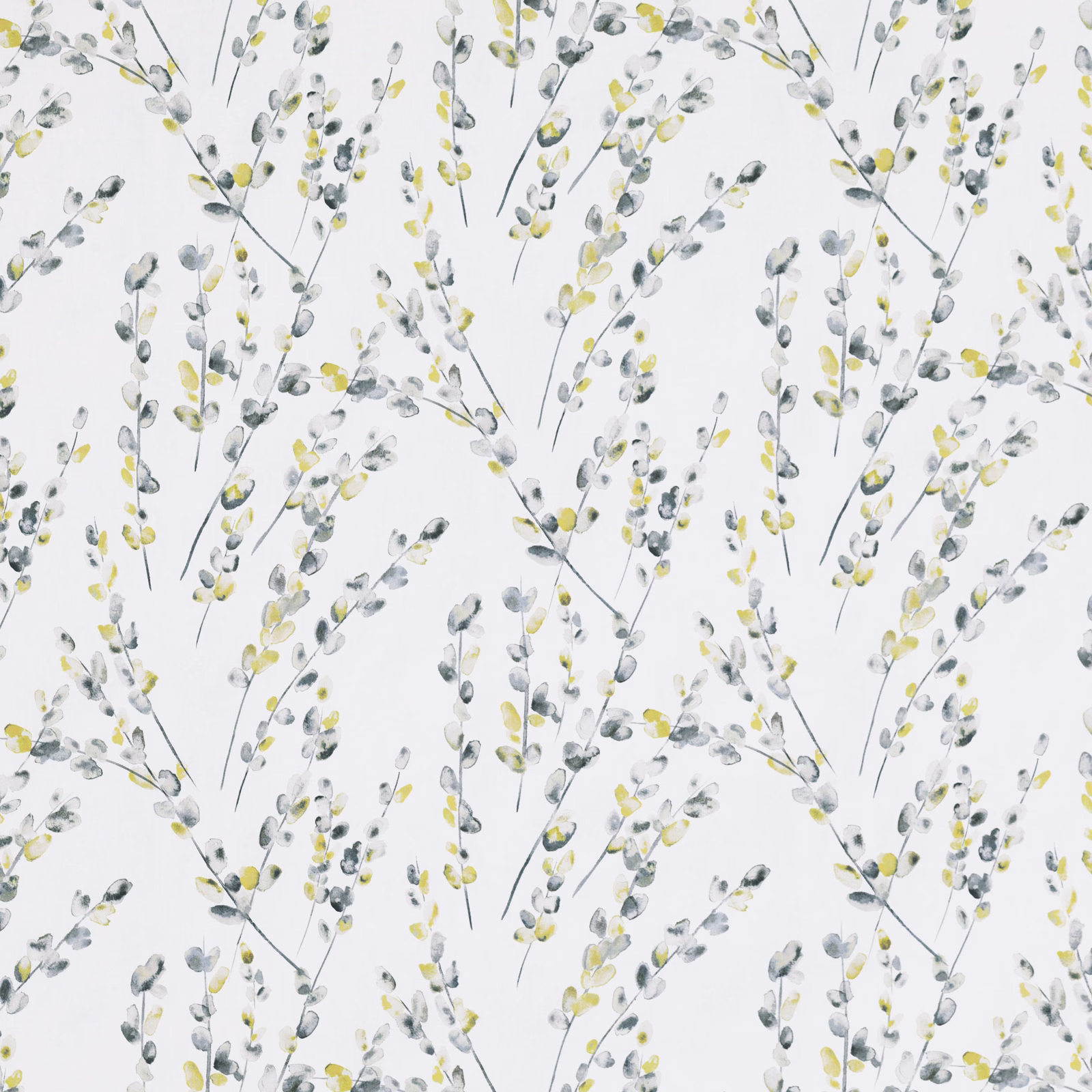 Mimosa yellow and grey leafy sprigs scattered across a soft white ground