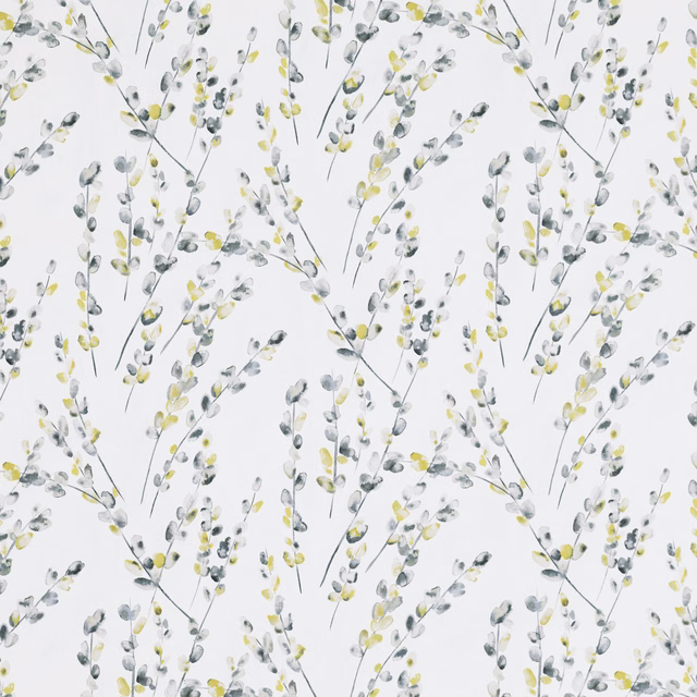 Mimosa yellow and grey leafy sprigs scattered across a soft white ground