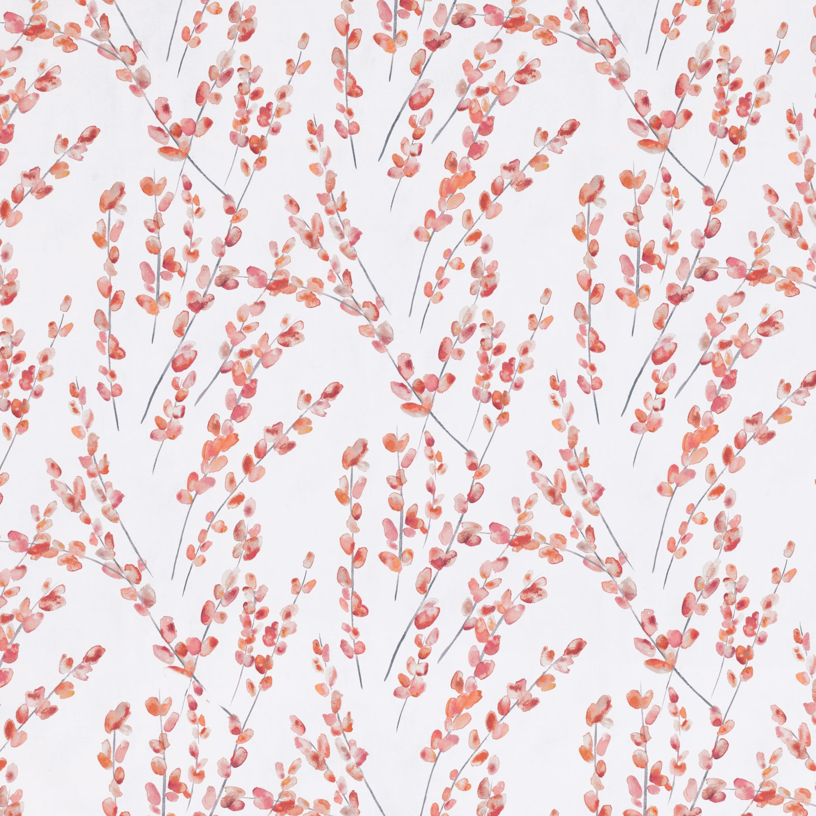 Coral-red blossom branches scattered across a pale, smooth-looking ground
