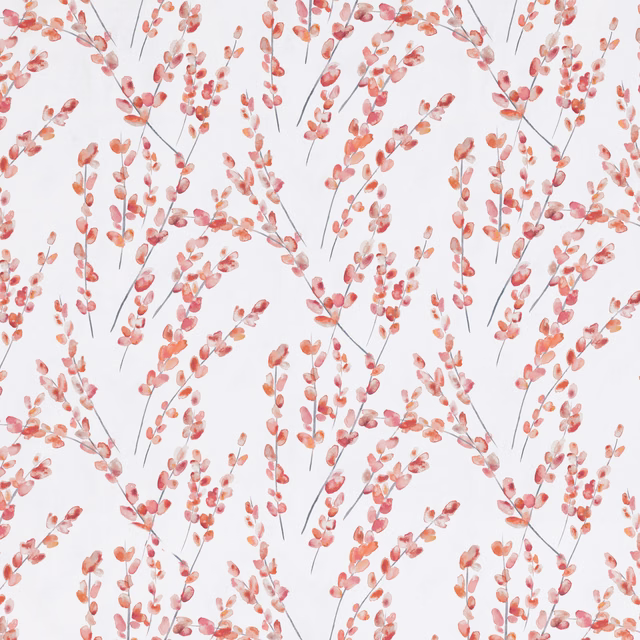 Coral-red blossom branches scattered across a pale, smooth-looking ground