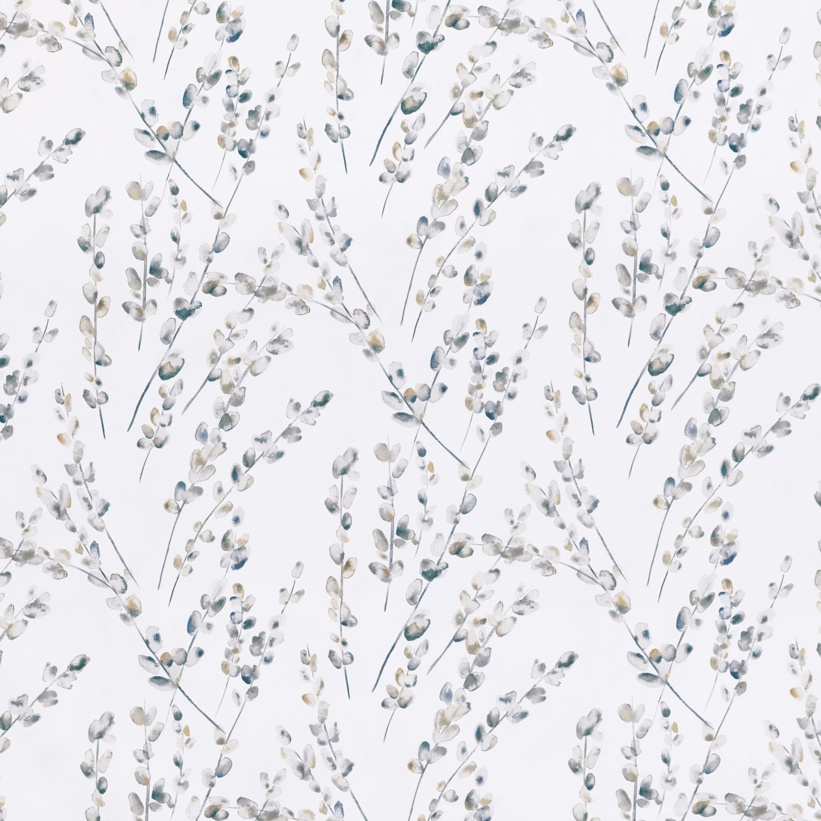 Ivory botanical fabric with airy branches and muted blue-grey, taupe leaves