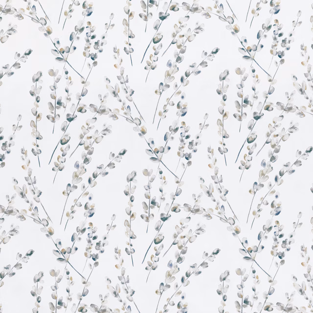 Ivory botanical fabric with airy branches and muted blue-grey, taupe leaves