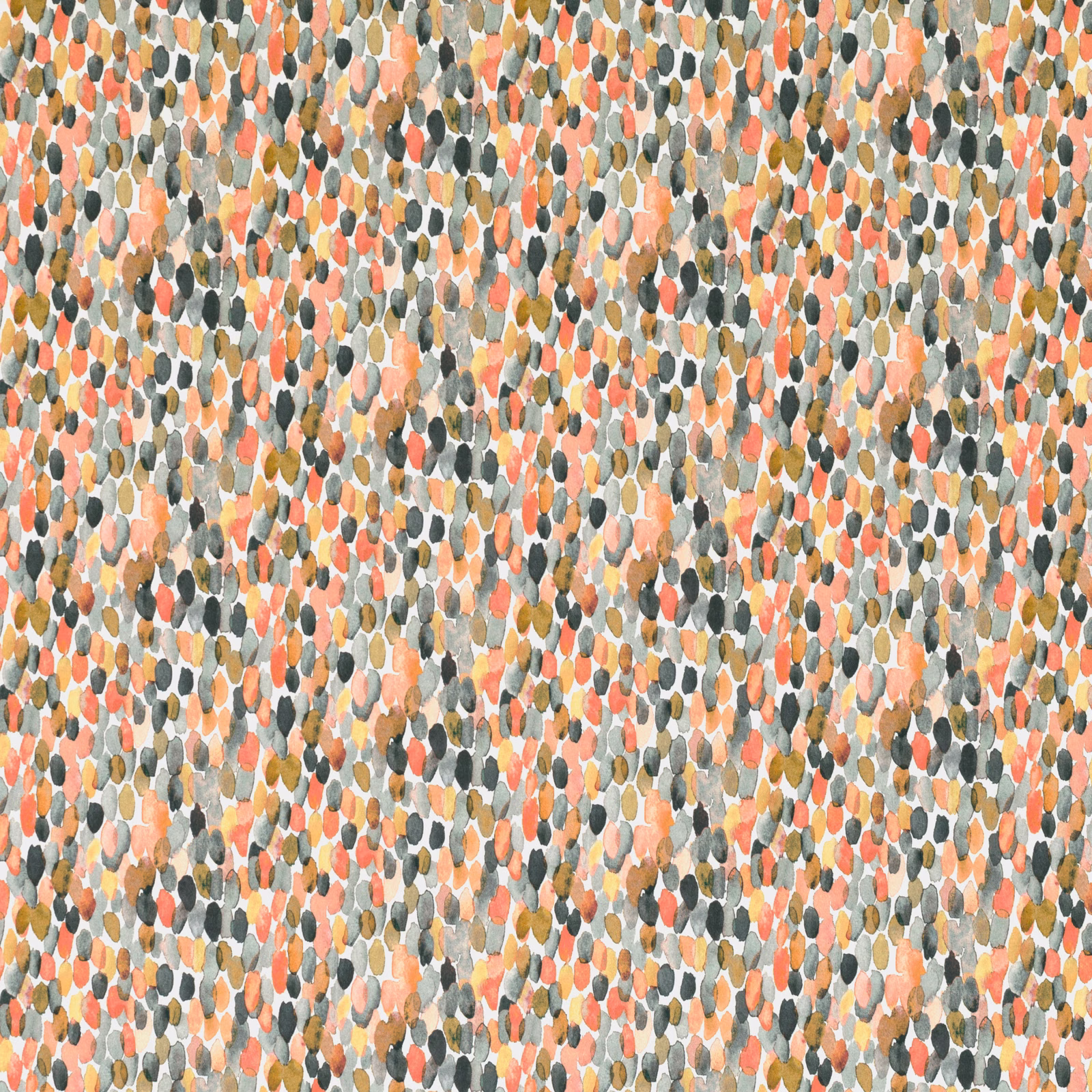 Warm blush textile with dense coral, sage-grey and charcoal pebble-like marks