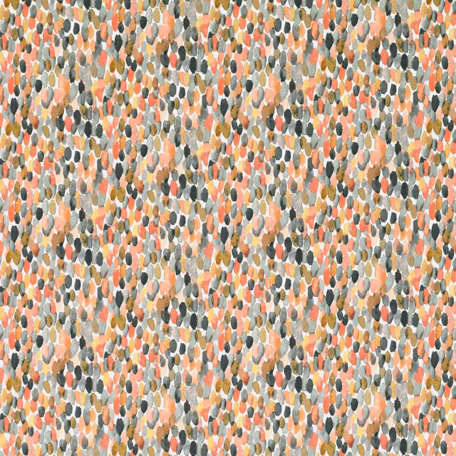 Warm blush textile with dense coral, sage-grey and charcoal pebble-like marks