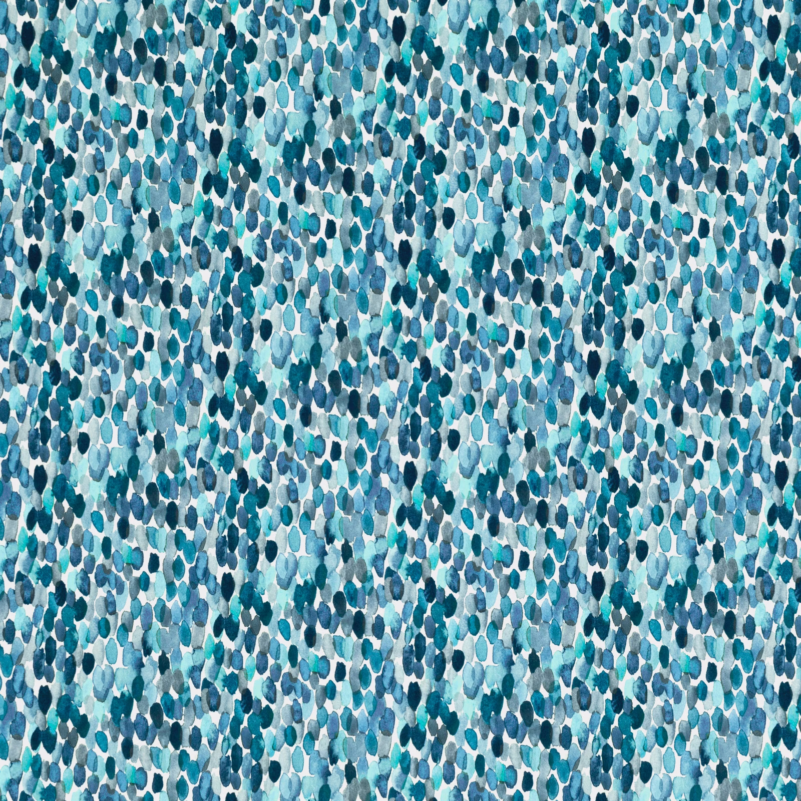 Dense cobalt, teal and aqua pebble-like marks across a pale textile ground