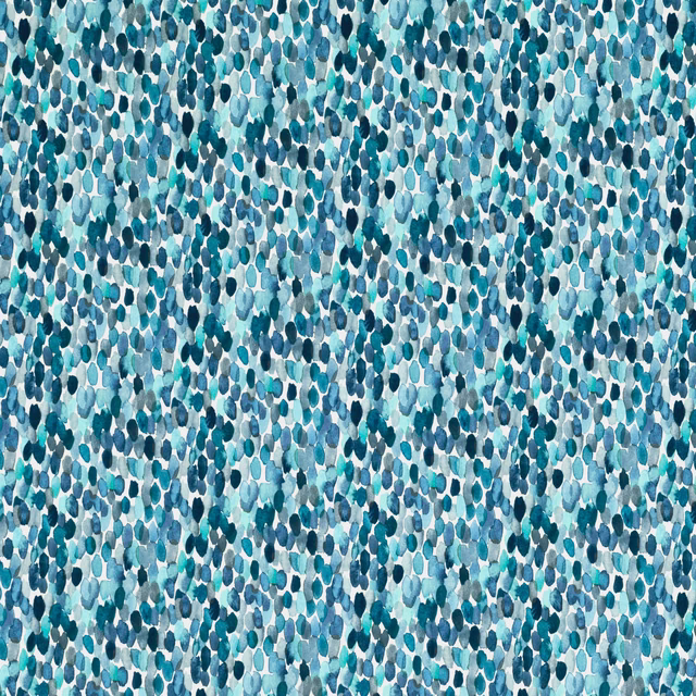 Dense cobalt, teal and aqua pebble-like marks across a pale textile ground