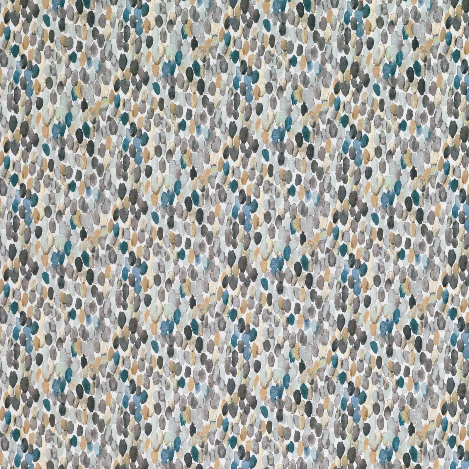 Dense small eucalyptus, teal, grey and taupe pebble motifs on cream