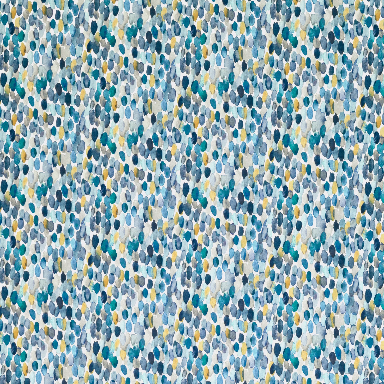 Dense blue, teal and cream pebble motifs with mustard flecks on a pale ground