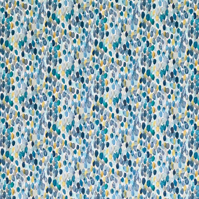 Dense blue, teal and cream pebble motifs with mustard flecks on a pale ground