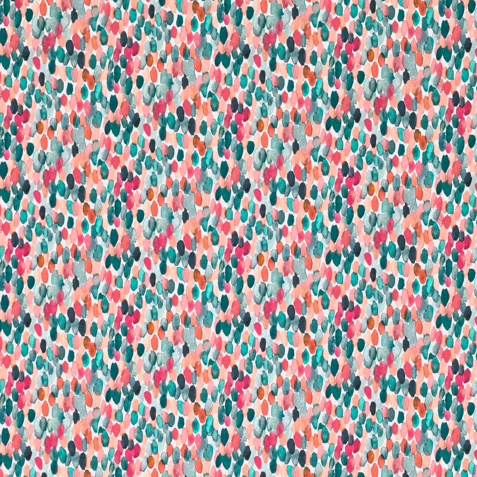 Dense small coral, teal, pink and orange pebble marks on a pale ground