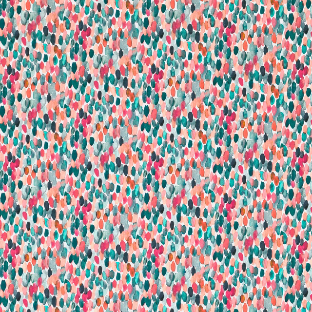 Dense small coral, teal, pink and orange pebble marks on a pale ground