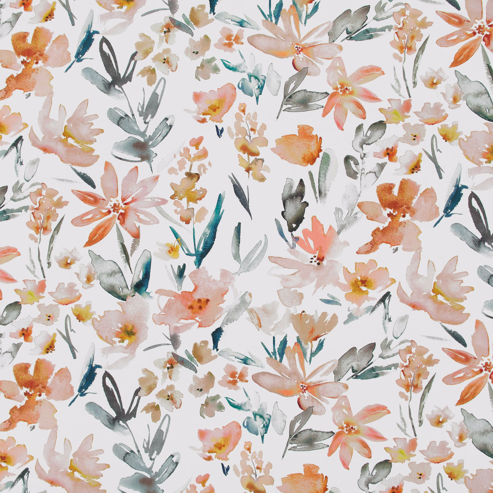 Blush watercolour floral fabric with peach blooms, teal leaves and ivory ground