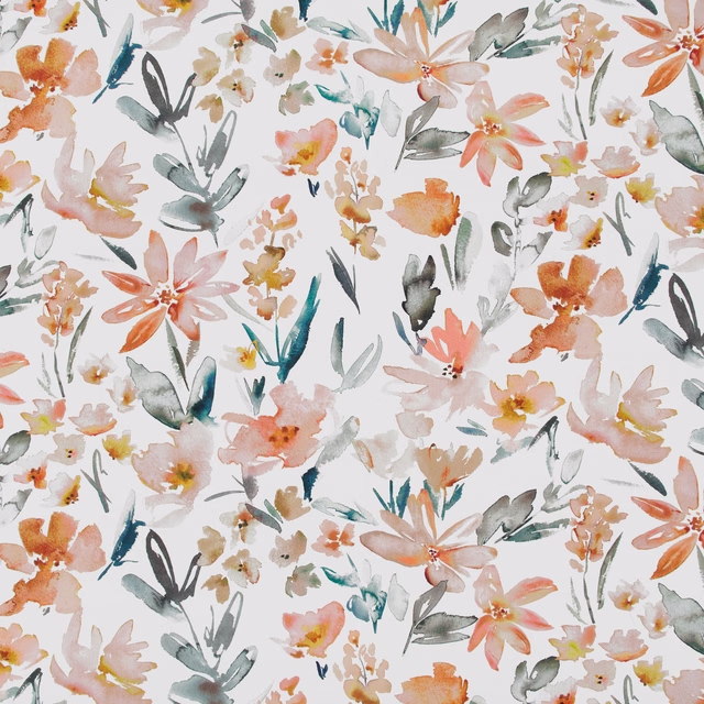 Blush watercolour floral fabric with peach blooms, teal leaves and ivory ground
