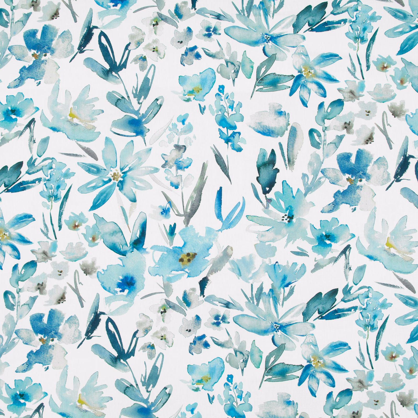 Cobalt and aqua watercolour flowers with teal leaves on a pale fabric ground