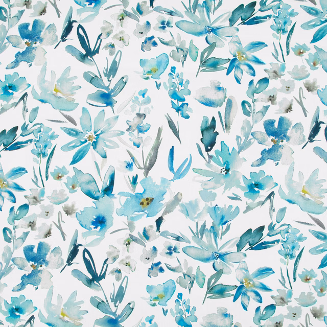 Cobalt and aqua watercolour flowers with teal leaves on a pale fabric ground