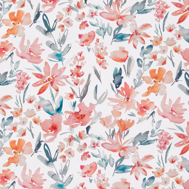Watercolour flowers in coral, blush, peach and teal on a pale ground