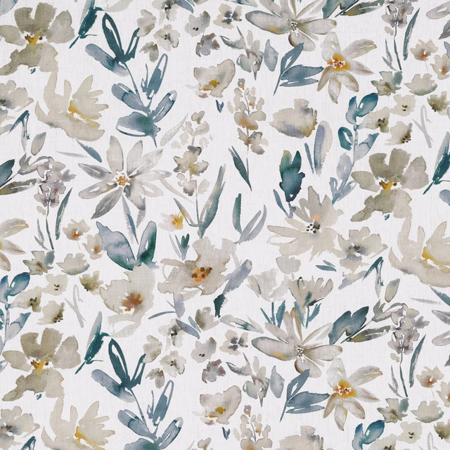 Warm ivory floral fabric with muted teal leaves, grey blooms and painterly botanical brushstrokes