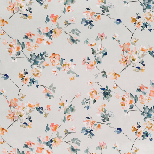Pale blush-grey floral fabric with coral blooms, blue-green leaves and fine branching stems