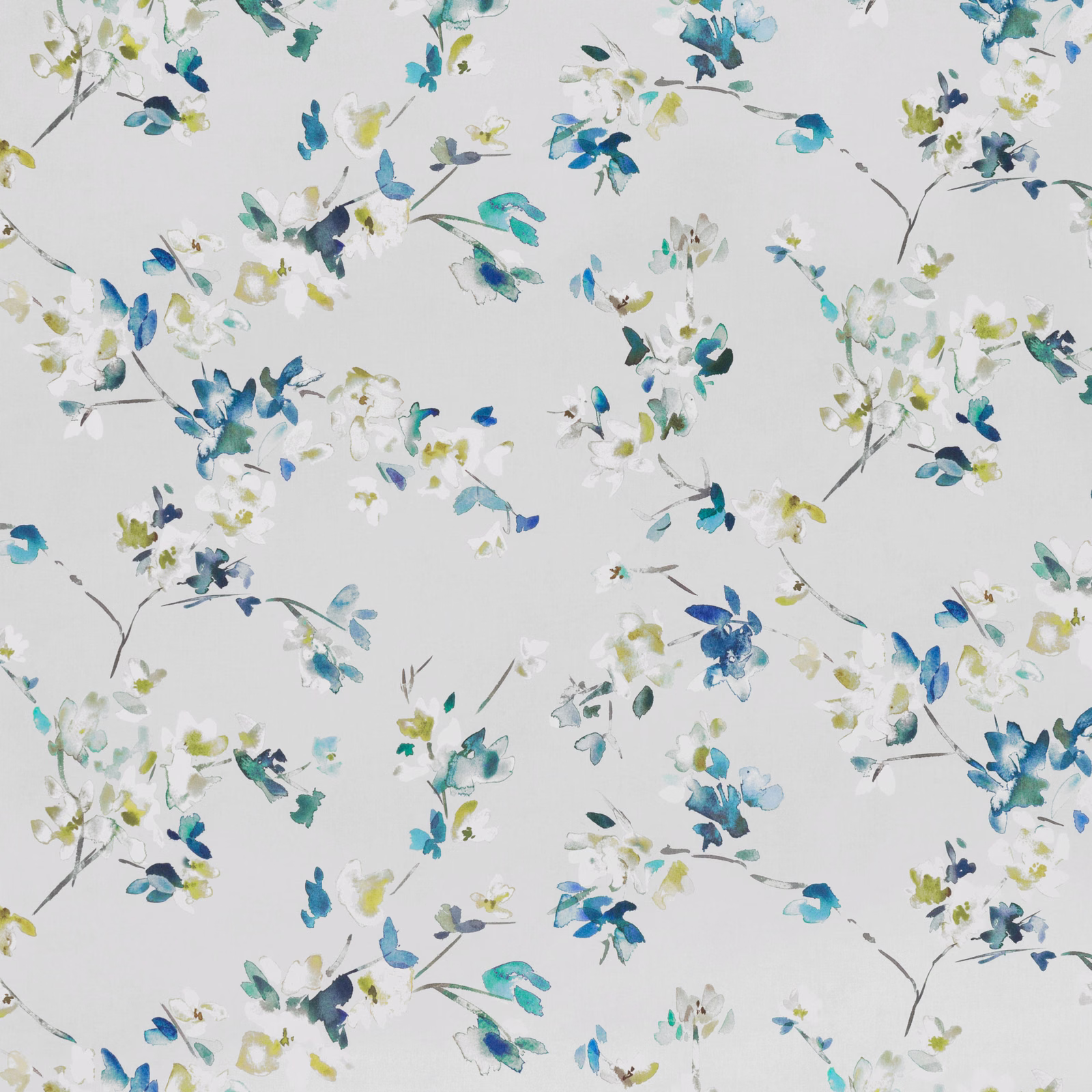 Pale grey floral fabric with blue, teal, green and yellow painted blossoms