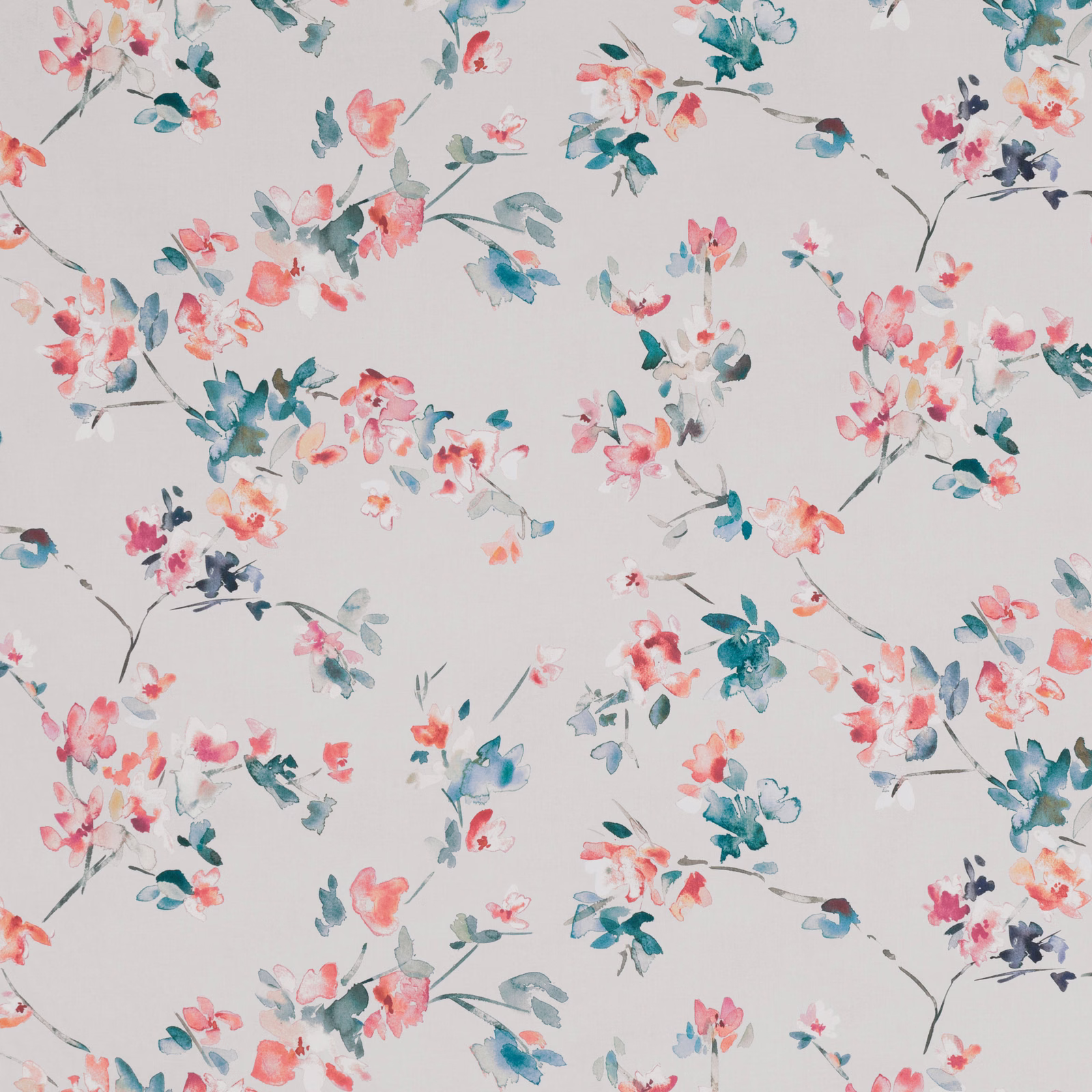 Pale grey floral fabric with coral blossoms and teal-blue painted branches