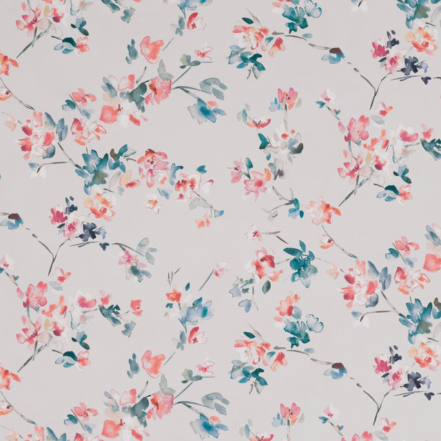 Pale grey floral fabric with coral blossoms and teal-blue painted branches