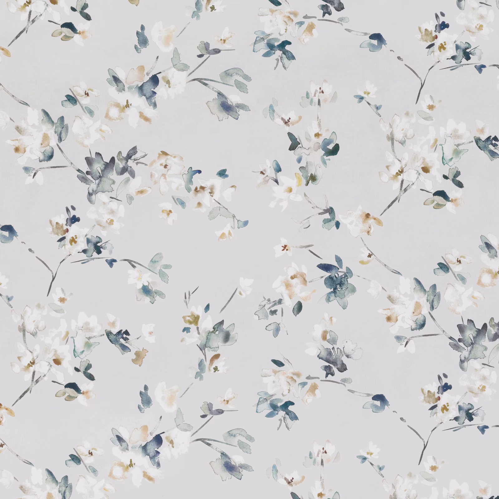 Pale grey floral fabric with blue-grey and teal watercolour blossom sprays