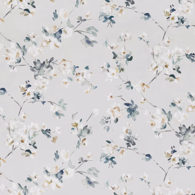 Pale grey floral fabric with blue-grey and teal watercolour blossom sprays