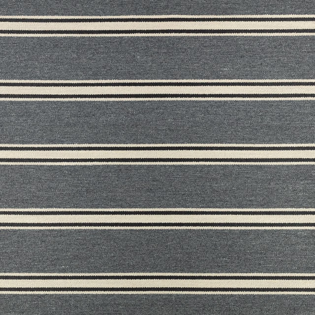Blue-grey woven upholstery with broad horizontal bands and narrow cream stripes