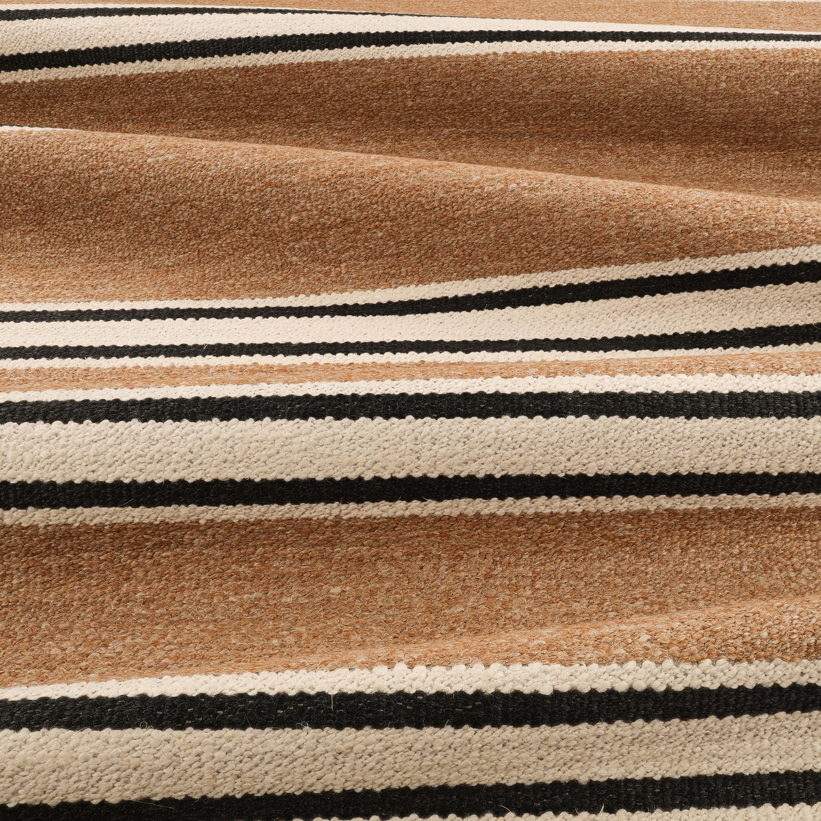 Warm cinnamon, cream and black horizontal stripes in a tactile woven fabric